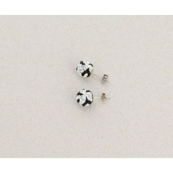 14k White Gold Black & White Crystal Stud Earrings Sparkly Ball - Picture 5 of 9